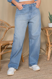 Jean Barrel Tiro Alto Con Brillos Marca Truccos