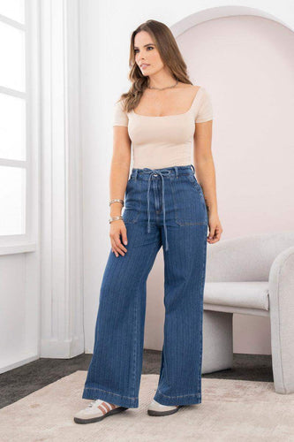 Jean Wide Leg Tiro Alto Láser Efecto Rayas Pretina Resortada de Anudar Marca Trucco´s - 1