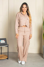 Set 2 Piezas Tipo Cargo Pantalón Tiro Alto Camisa Corta con Bolsillo Expuesto Marca Trucco´s