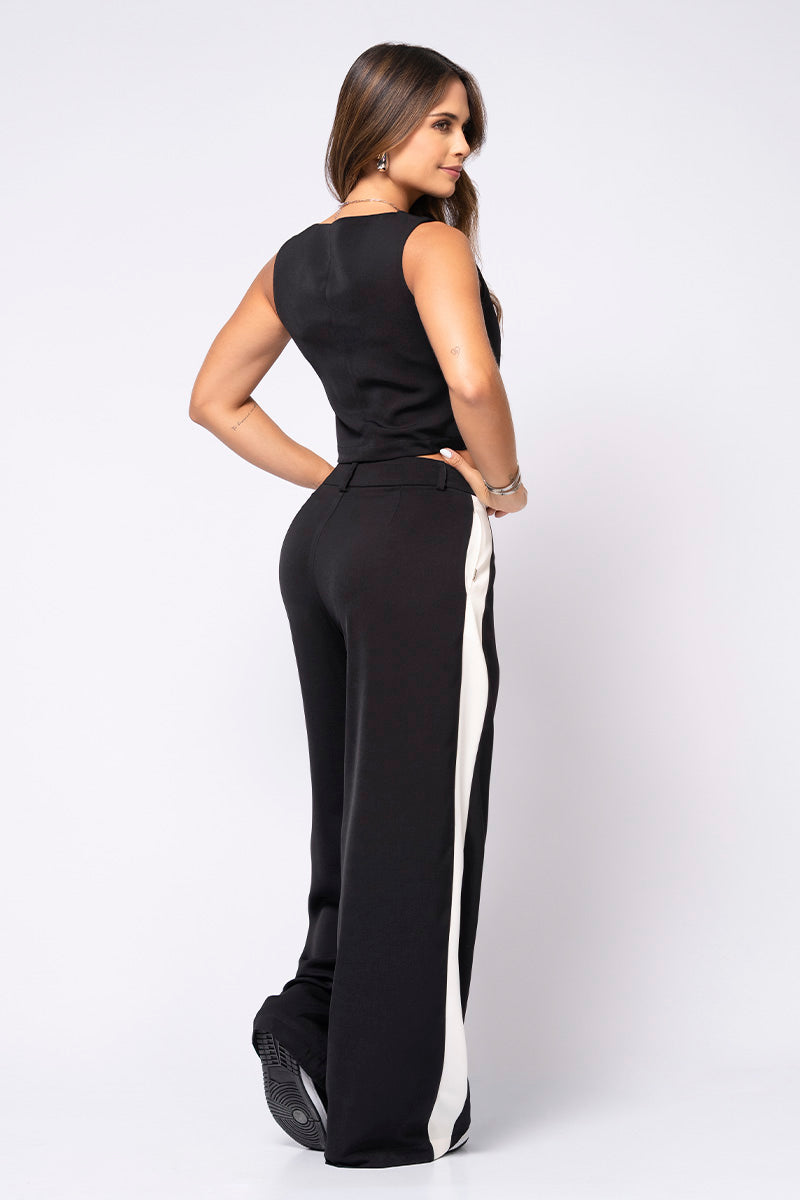 Set 2 Piezas Chaleco Corto Doble Pantalón Wide Leg Drapeado Tiro Alto Marca Trucco´s