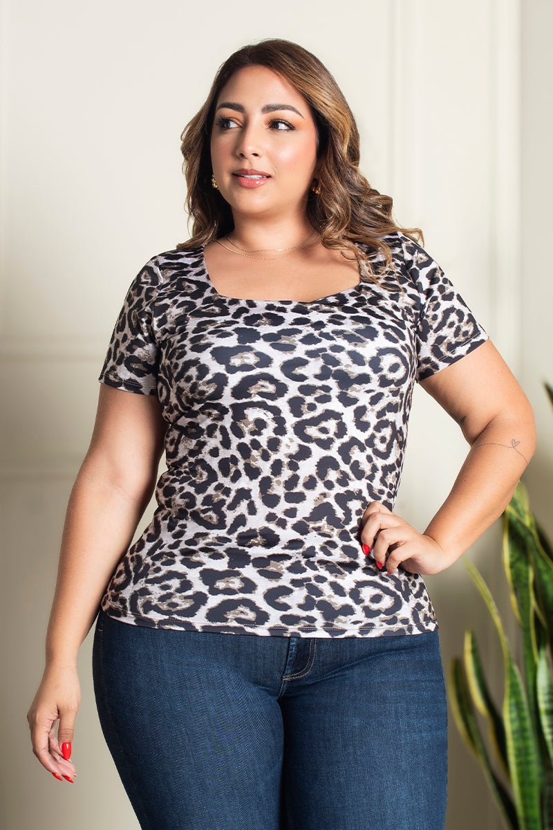 Blusa Manga Corta Tendencia Animal Print Leopardo Marca Trucco´s Plus Size