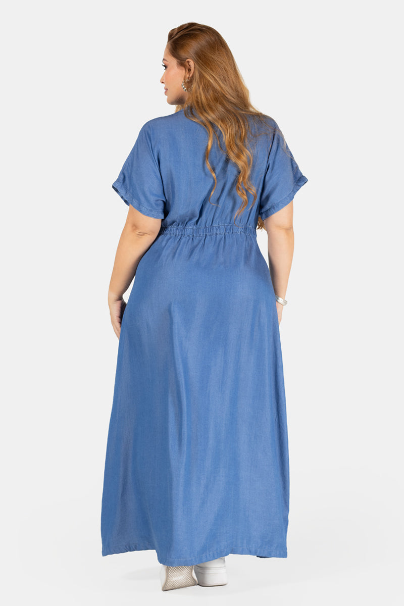 Vestido Midi Drapeado Azul Medio Marca Trucco´s Plus Size