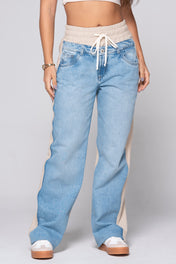 Pantalón Active Tiro Alto En Bloque Denim Sobre puesto Pretina deportiva de anudar Marca trucco´s