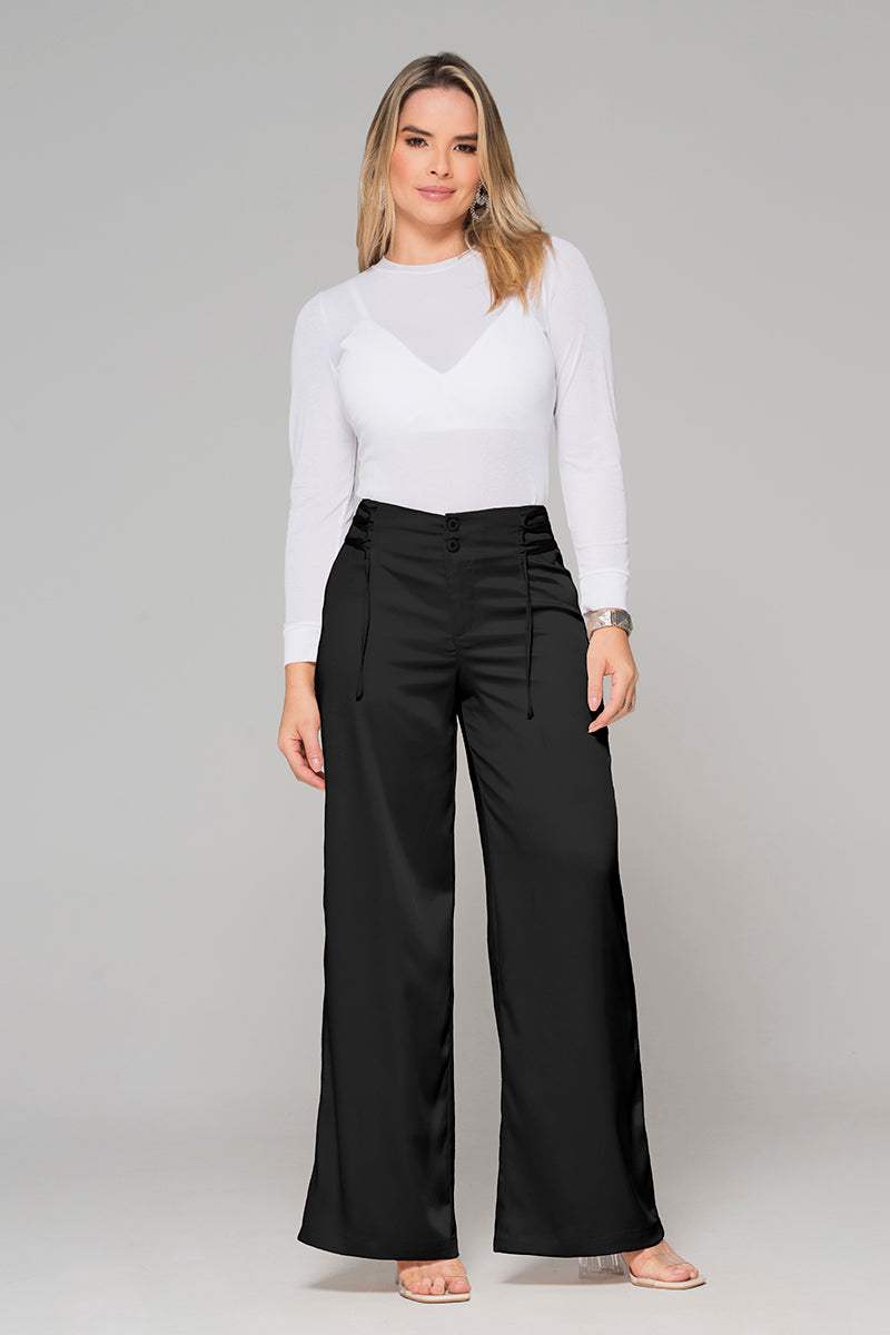 Pantalón Wide Leg Tiro Alto Efecto Satín Pretina Ancha de anudar en Laterales Marca Trucco´s