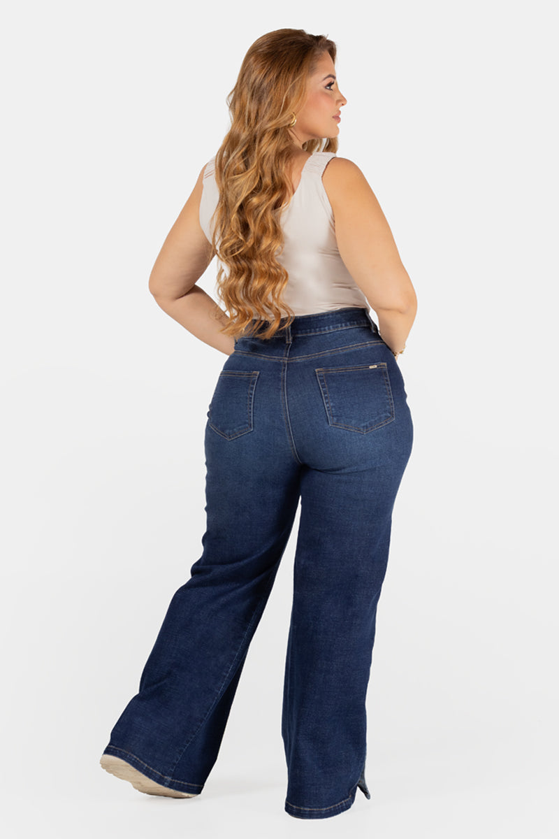 Jean Wide Leg Azul Oscuro con Detalles en Bota Marca Trucco´s Plus Size
