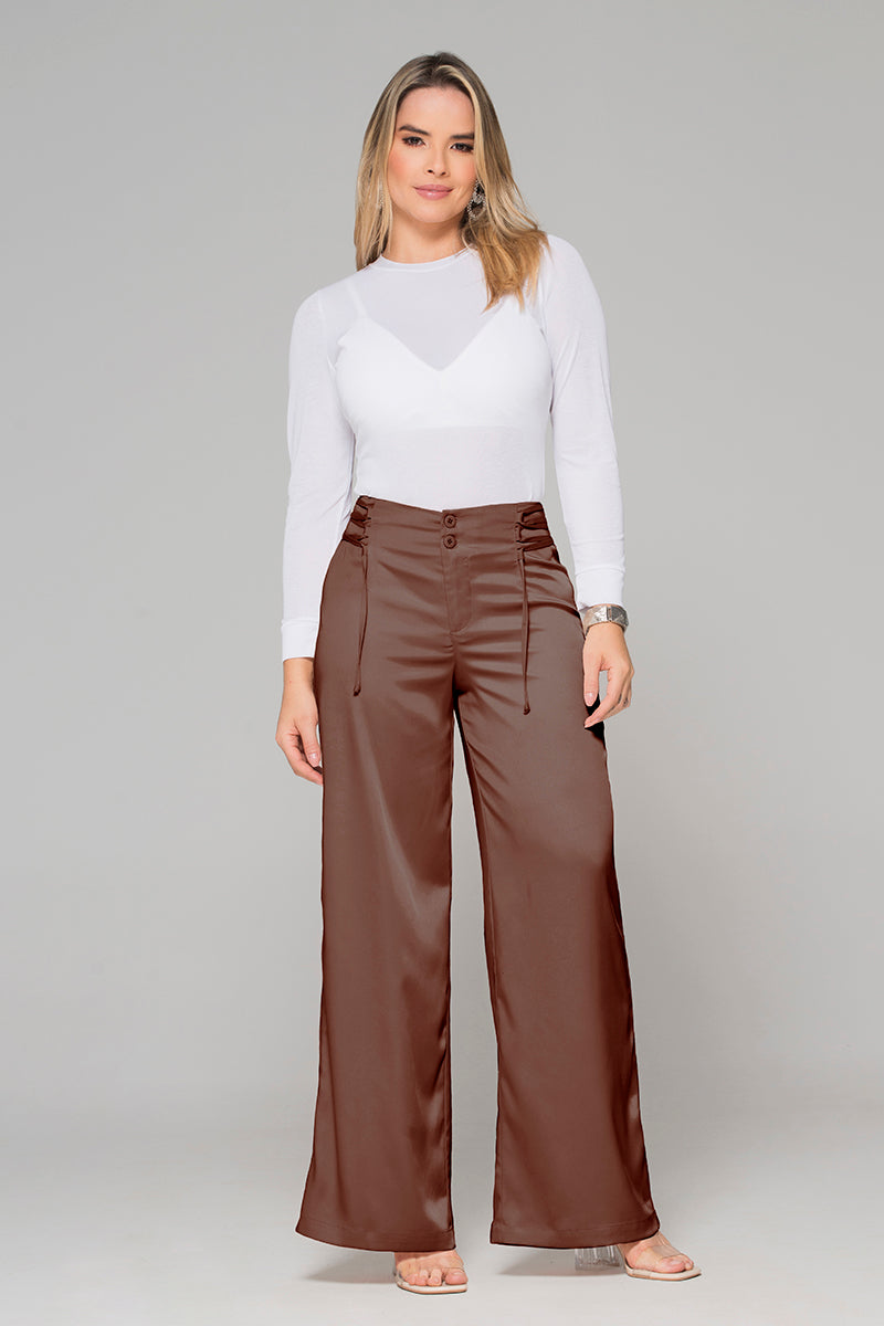 Pantalón Wide Leg Tiro Alto Efecto Satín Pretina Ancha de anudar en Laterales Marca Trucco´s