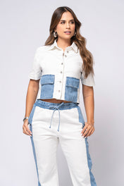 Set 2 Piezas en Bloque Denim Camisa de Cuello Pantalón Bota Recta Marca Trucco´s