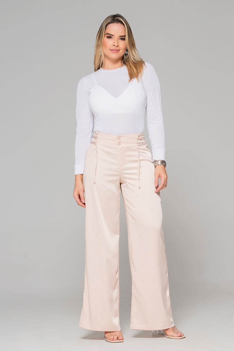 Pantalón Wide Leg Tiro Alto Efecto Satín Pretina Ancha de anudar en Laterales Marca Trucco´s