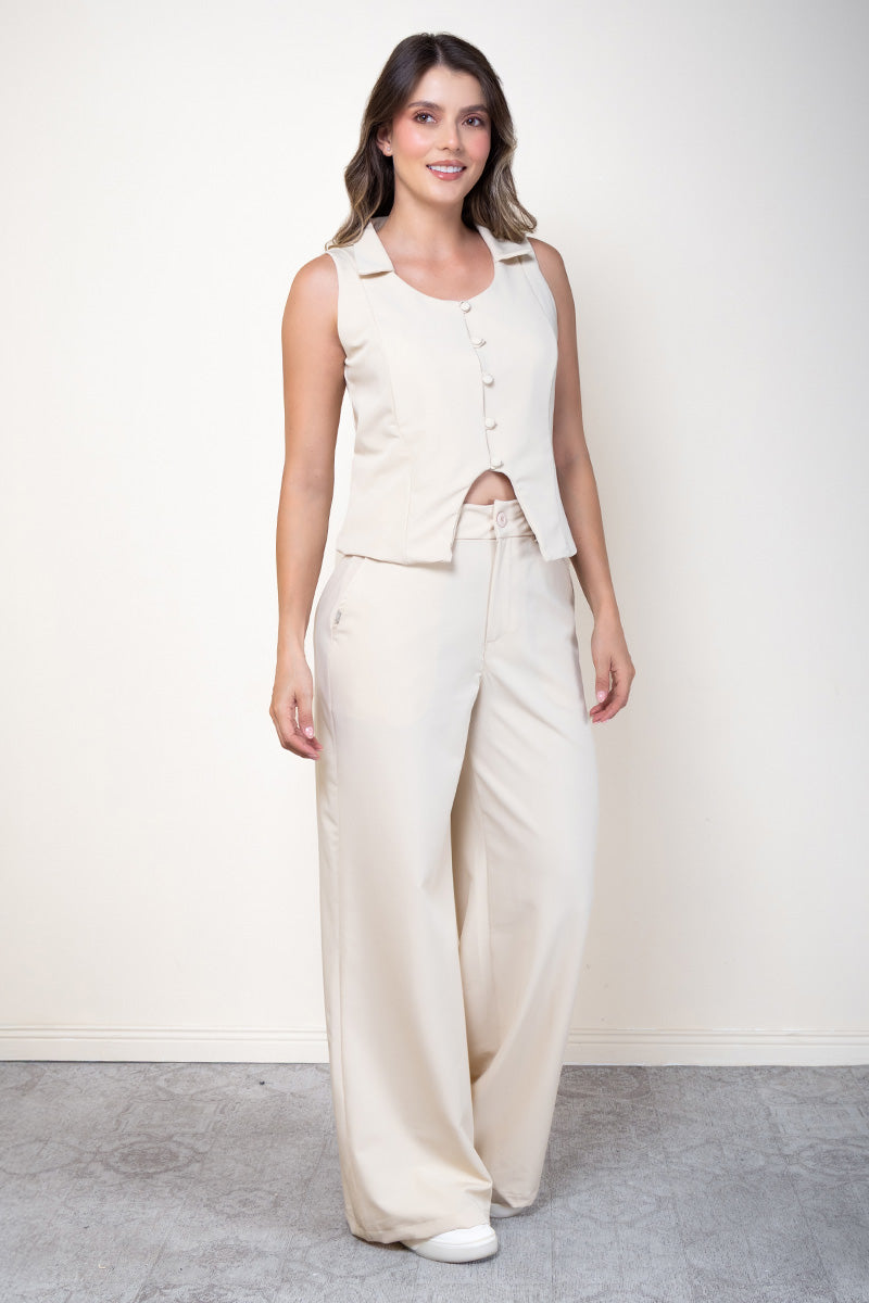 Set 2 Piezas Pantalón Wide Leg Chaleco con Ruedo Asimétrico Marca Trucco´s