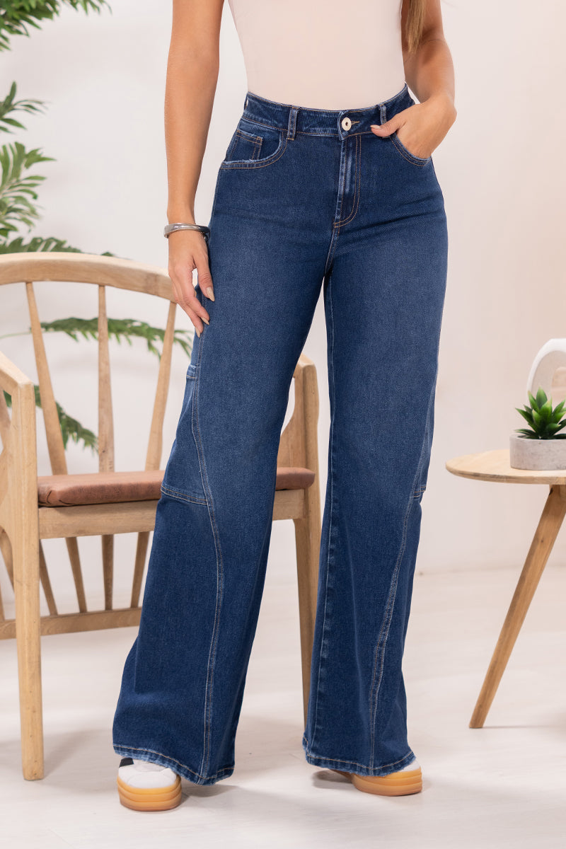 Jean Wide Leg Tiro Alto Costura Asimétrica Marca Trucco´s