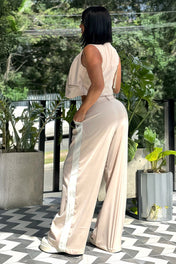 Set 2 Piezas Chaleco Corto Doble Pantalón Wide Leg Drapeado Tiro Alto Marca Trucco´s