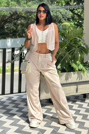 Set 2 Piezas Chaleco Corto Doble Pantalón Wide Leg Drapeado Tiro Alto Marca Trucco´s