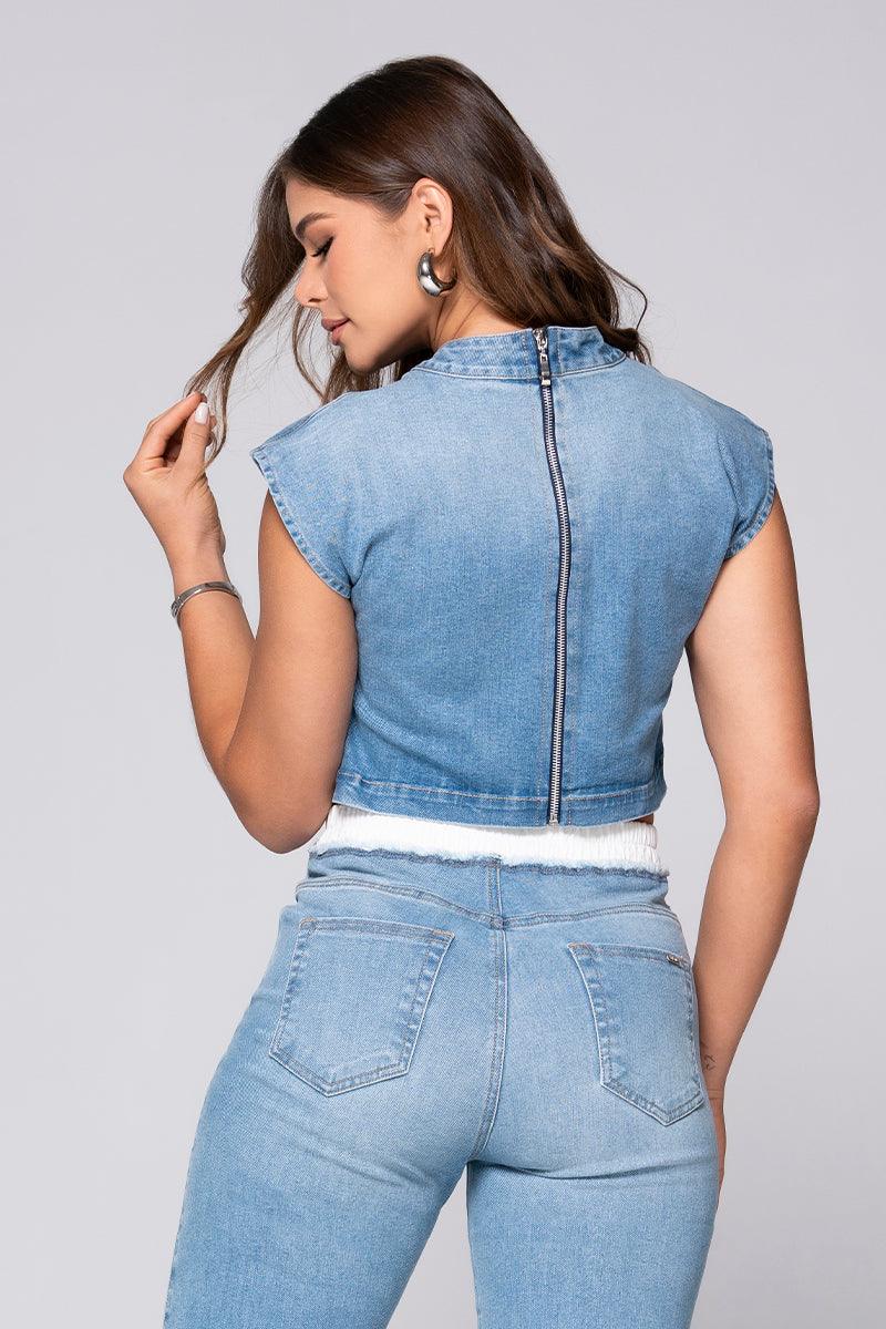 Blusa Corta Denim Manga Sisa Tipo Cap con Cierre Posterior Marca Trucc