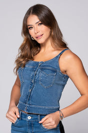 Blusa Denim de Tiras con botonadura Asimétrica Marca Trucco´s