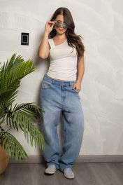 Jean Barrel Tiro Alto Con Brillos Marca Truccos