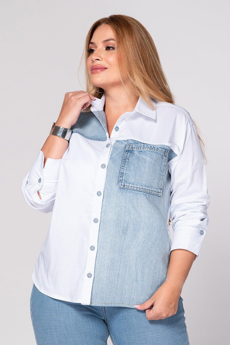Camisa Manga Larga Bloque Denim Marca Trucco´s Plus Size