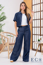 Set 2 Piezas en Tencel Pantalón Wide Leg Camisa Manga Corta Marca Trucco´s