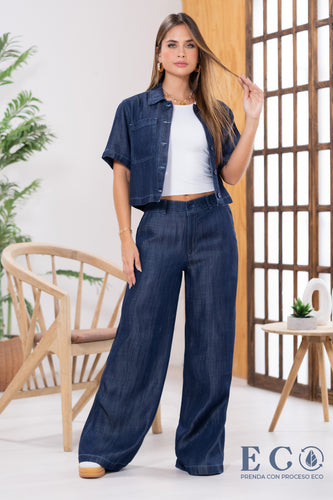 Set 2 Piezas en Tencel Pantalón Wide Leg Camisa Manga Corta Marca Trucco´s - 1