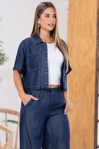 Set 2 Piezas en Tencel Pantalón Wide Leg Camisa Manga Corta Marca Trucco´s - 5