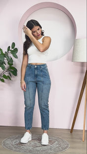 Jean Mom Fit Tiro Alto Denim Azul Medio Marca Trucco´s